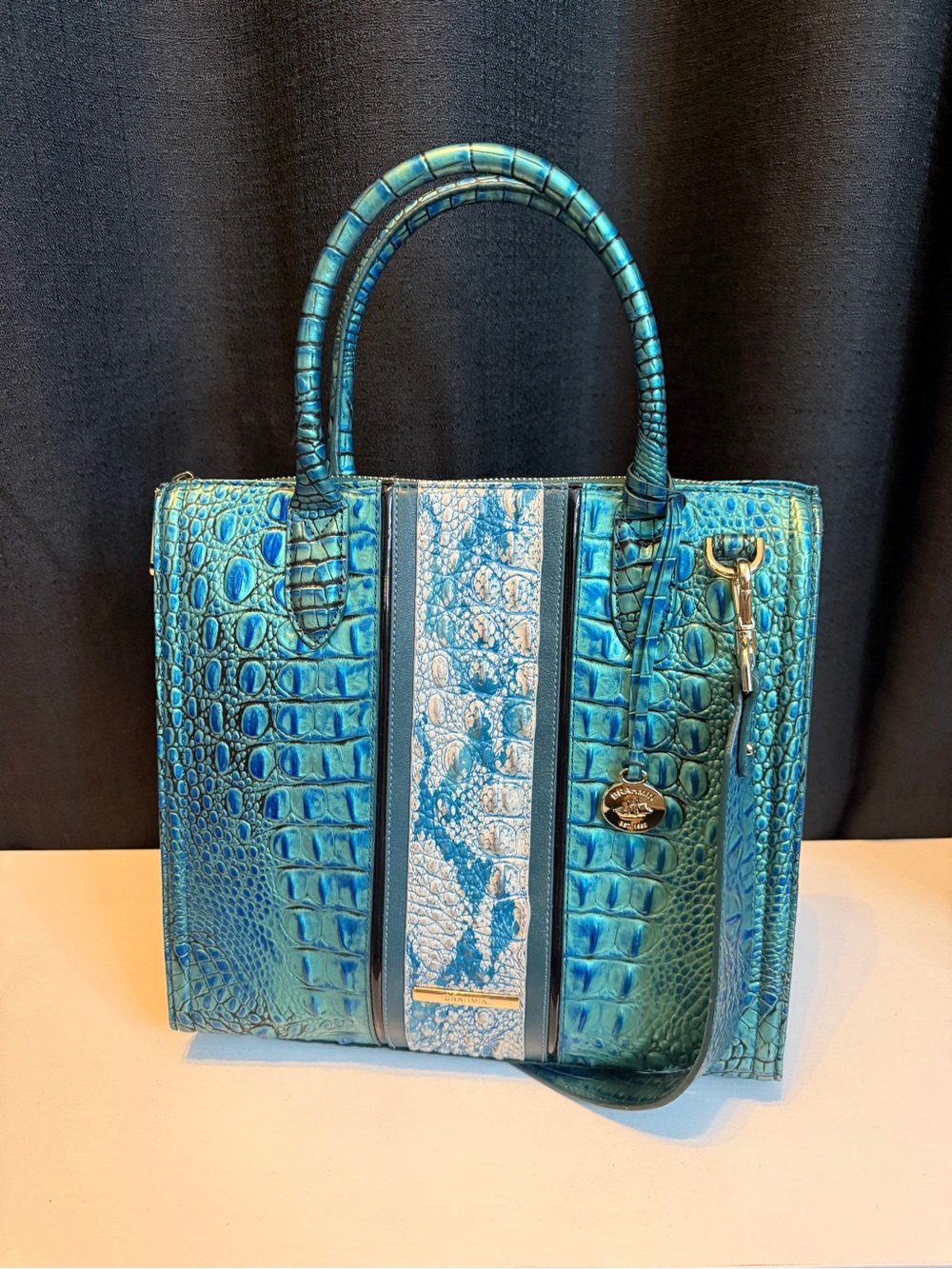 Brahmin Turquoise Croc-Embossed Satchel with Center Stripe